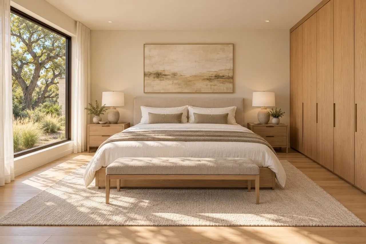 Bedroom furnished in light oak and linen
