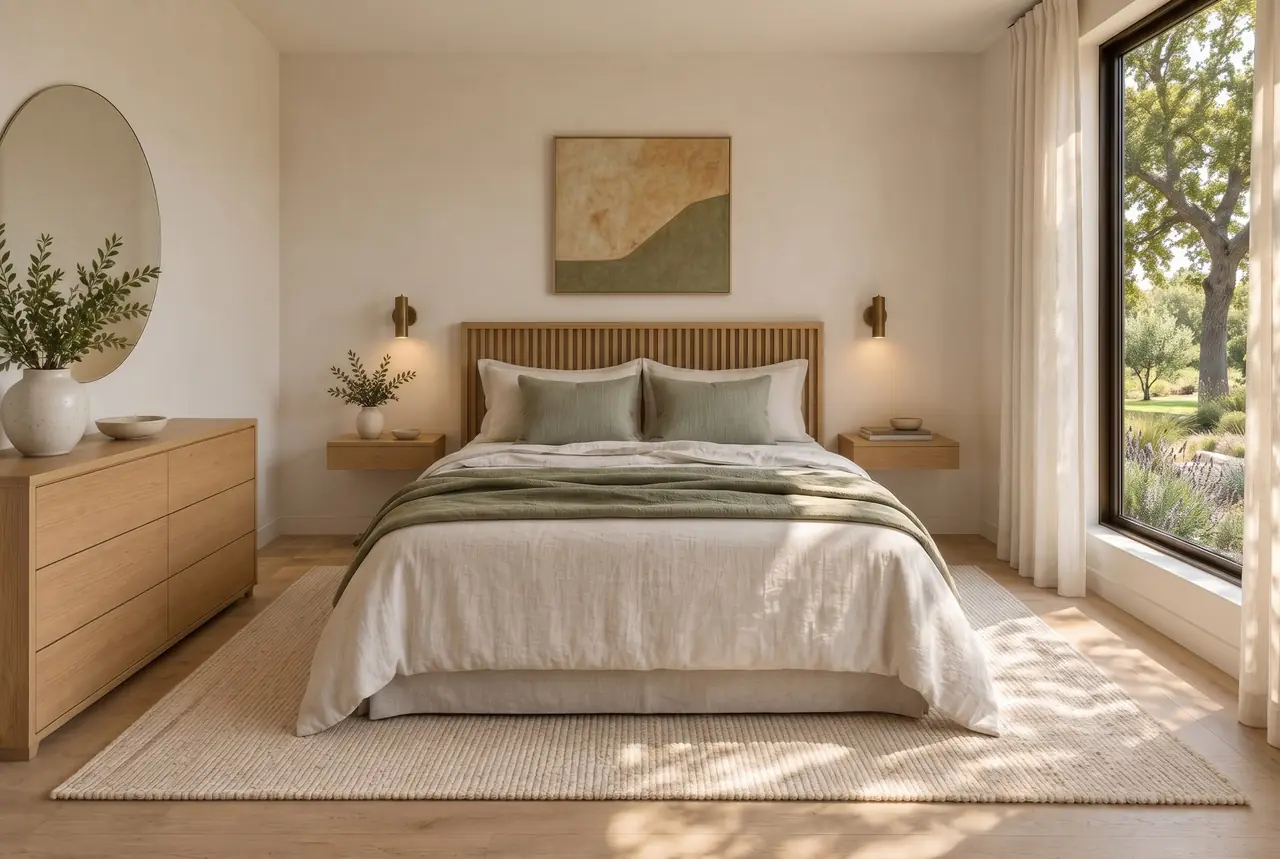 Bedroom in light oak and linen