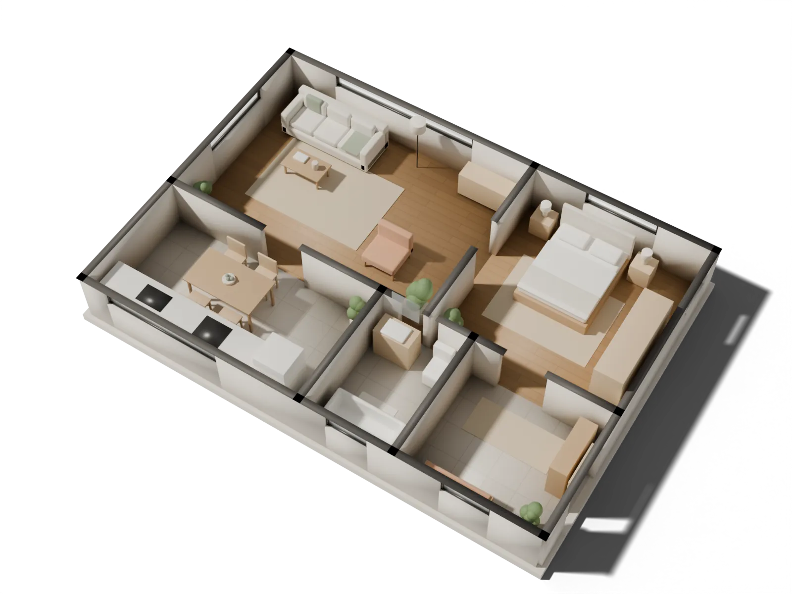 3D model of the floor plan: five rooms, furnished, seen from above at an angle